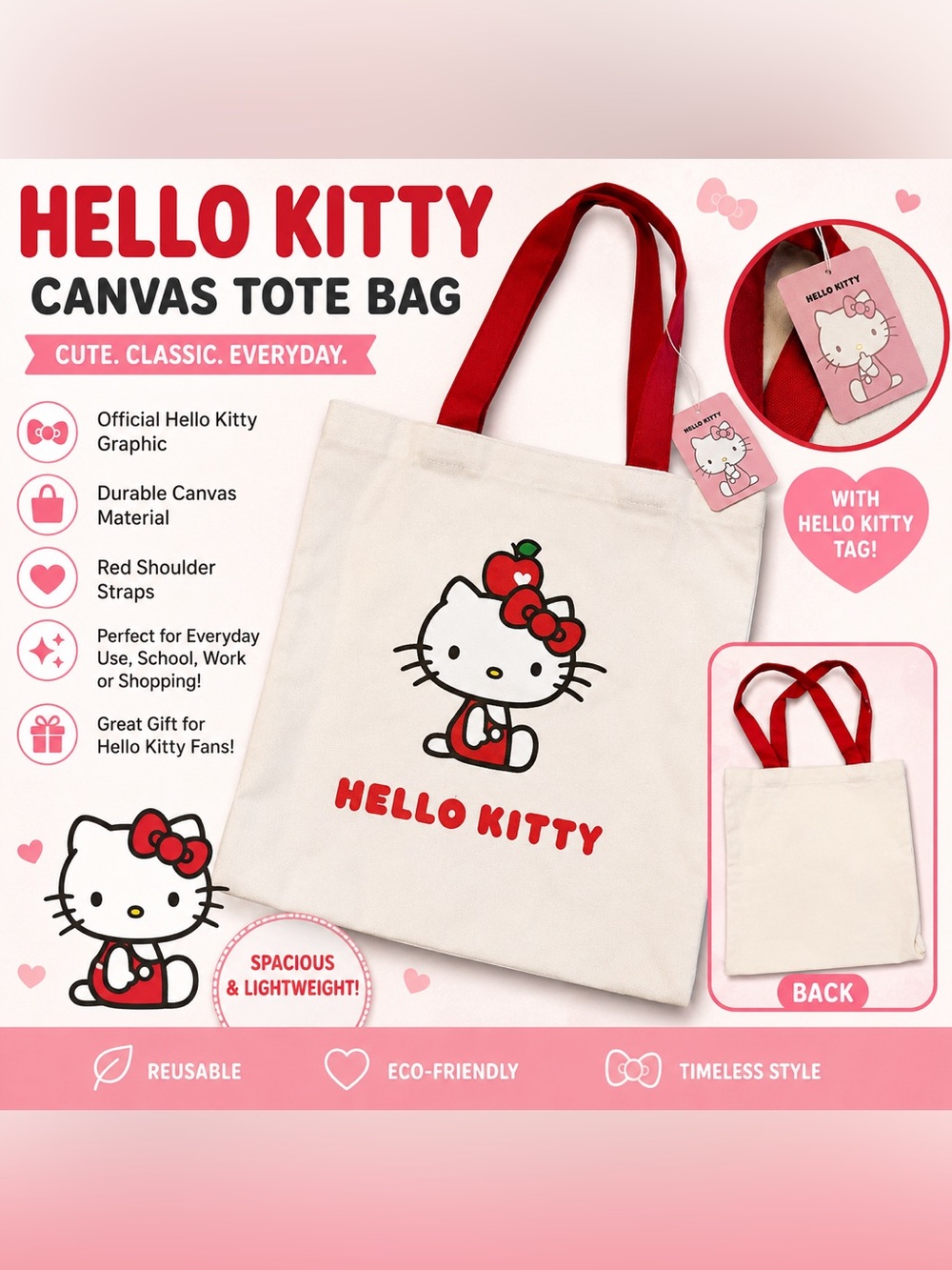 Hello Kitty Canvas Tote Bag Red Handles Apple Bow Graphic New With Tag